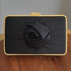 Franchi Black Satin Evening Clutch Gold Frame with Chain Strap 4x6